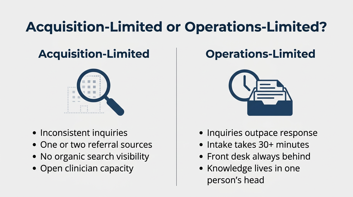 Diagram comparing acquisition-limited and operations-limited psychiatric practices